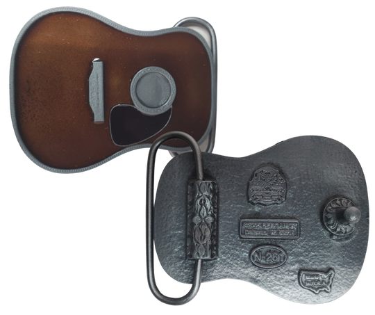 Strut your style with the iconic "Martin" Belt Buckle! This 2 1/2" tall by 3 1/2" wide buckle is fit for all music genres, from Rock to Bluegrass, Jazz to Folk. Let the world know your passion for playing guitar! Just outside of Nashville, home of the Acoustic Guitar, you can find the belt buckle in our Smyrna, TN shop online.