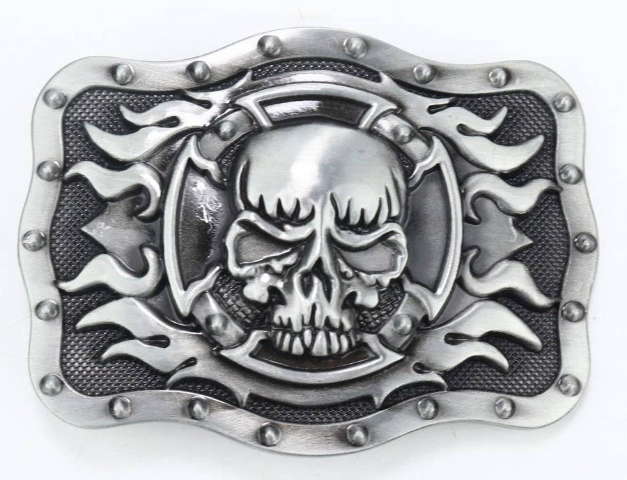 The Mechanized Skull buckle has a Heavy Industrial look with the riveted edge with a Skull centered on a Maltese cross in the center. It's Antique Silver appearance works well if wear Jeans with your favorite Rammstein T-shirt. Stop by our Smyrna, TN shop.

Approx. 3" x 4"
Imported Metal Alloy
Fit's 1 1/2" belts