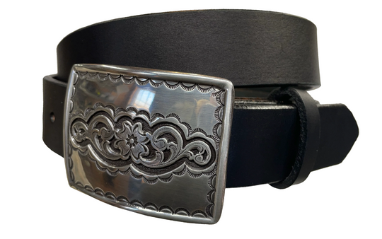Rectangular antique silver belt buckle with western style tooling, size approx. 3" wide by 2 1/2" tall. Belt is handmade from a single strip of leather in our shop. Belt colors available are distressed brown, black, and dark brown. Buckle snaps in place for easy changing if desired.﻿ CHOOSE ONE BELT STRIP COLOR! Available online and at our shop just outside Nashville in Smyrna, TN. Main photo.