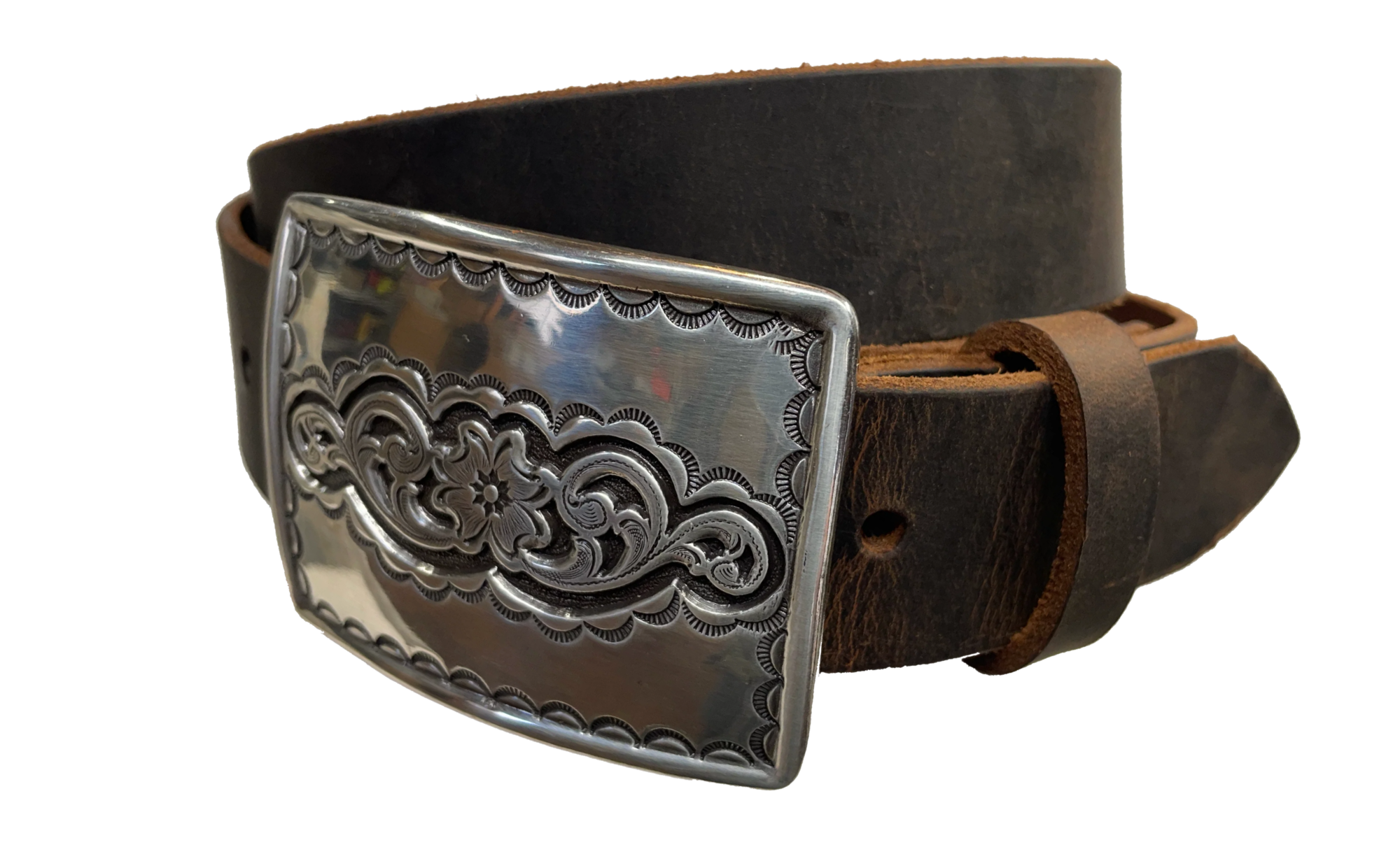 Rectangular antique silver belt buckle with western style tooling, size approx. 3" wide by 2 1/2" tall. Belt is handmade from a single strip of leather in our shop. Belt colors available are distressed brown, black, and dark brown. Buckle snaps in place for easy changing if desired.﻿ CHOOSE ONE BELT STRIP COLOR! Available online and at our shop just outside Nashville in Smyrna, TN. Main photo.