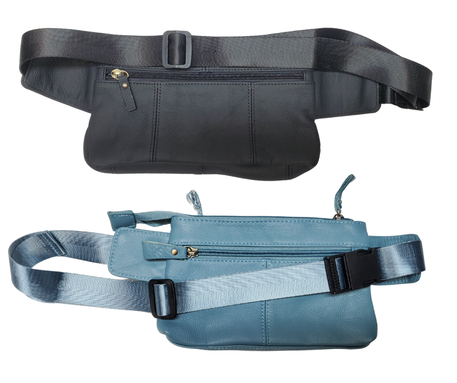 The on the Go Cowhide leather waist pack. Fully adjustable nylon waist belt with snap buckle closure. Two spacious main compartments, one with an interior zipper pocket. Back side has a discrete zipper pocket. Color match zipper and gold brushed hardware with leather pulls. Get yours at our local Smyrna, TN shop.

Cowhide genuine leather
Size: 8 ½” x 5” x ¾”
Front zipper pocket: 7” x 4 ½”
Waist length: adjust to 50 “
Color: Black, cream, light blue