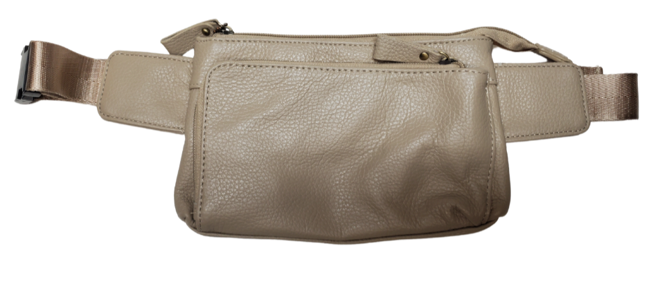 The on the Go Cowhide leather waist pack. Fully adjustable nylon waist belt with snap buckle closure. Two spacious main compartments, one with an interior zipper pocket. Back side has a discrete zipper pocket. Color match zipper and gold brushed hardware with leather pulls. Get yours at our local Smyrna, TN shop.

Cowhide genuine leather
Size: 8 ½” x 5” x ¾”
Front zipper pocket: 7” x 4 ½”
Waist length: adjust to 50 “
Color: Black, cream, light blue