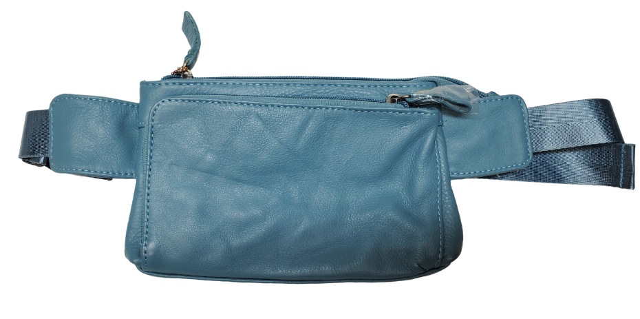 The on the Go Cowhide leather waist pack. Fully adjustable nylon waist belt with snap buckle closure. Two spacious main compartments, one with an interior zipper pocket. Back side has a discrete zipper pocket. Color match zipper and gold brushed hardware with leather pulls. Get yours at our local Smyrna, TN shop.

Cowhide genuine leather
Size: 8 ½” x 5” x ¾”
Front zipper pocket: 7” x 4 ½”
Waist length: adjust to 50 “
Color: Black, cream, light blue