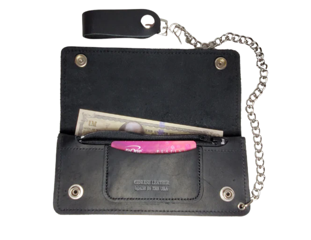 This is the Original Chain Wallet, great for the Modern minimalist. One credit card slot in the front with 2 main cash or whatever your STUFF is....5 year old receipts, concert stub from high school, the stuff you forgot was in there!  Made in USA 2 main Cash compartments 1 card slot Complete with 12" chain  Dimensions: 7 1/2" x 4" folded, 7 1/2" x7 1/2" opened