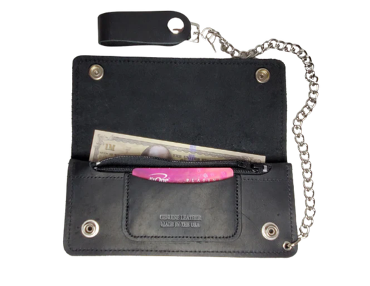 This is the Original Chain Wallet, great for the Modern minimalist. One credit card slot in the front with 2 main cash or whatever your STUFF is....5 year old receipts, concert stub from high school, the stuff you forgot was in there!  Made in USA 2 main Cash compartments 1 card slot Complete with 12" chain  Dimensions: 7 1/2" x 4" folded, 7 1/2" x7 1/2" opened