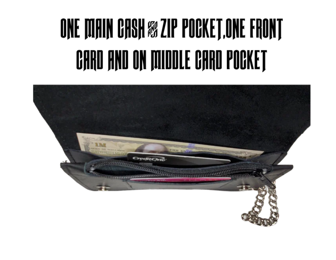 This is the Original Chain Wallet, great for the Modern minimalist. One credit card slot in the front with 2 main cash or whatever your STUFF is....5 year old receipts, concert stub from high school, the stuff you forgot was in there!  Made in USA 2 main Cash compartments 1 card slot Complete with 12" chain  Dimensions: 7 1/2" x 4" folded, 7 1/2" x7 1/2" opened
