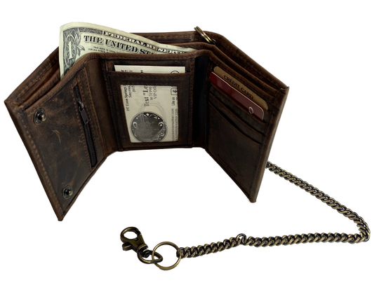 Popular Distressed brown Tri-fold Chain Wallet. 2 cash slots, 4 card slots, I.D. slot, zippered pocket for all your stash. Will darken with a nice patina with use. It&