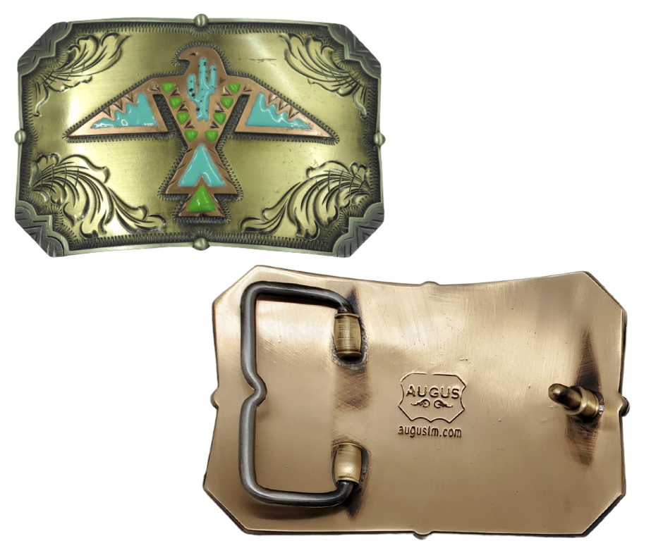 The Thunderbird Rising buckle is handmade from German Silver (nickel and brass alloy) or iron metal base. Our products are all handcrafted. In order to give you the quality and long lasting final product we also plate each piece with copper, nickel and silver. Available at our Smyrna, TN shop just outside of Nashville. Made in Mexico by talented metal workers.

Approx. Width 4” Height 3”/ Standard Swivel fits 1.5” belts