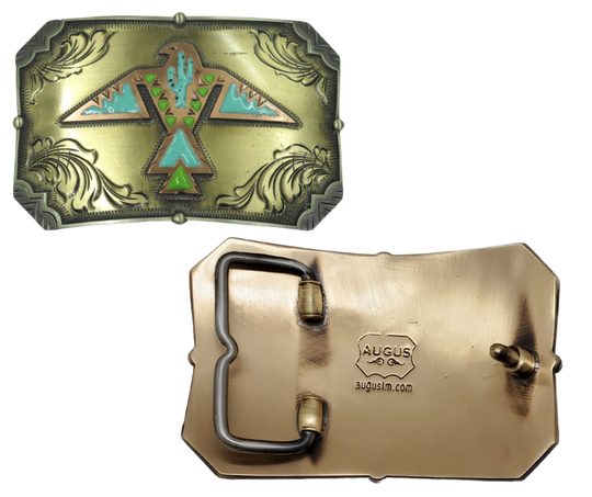 The Thunderbird Rising buckle is handmade from German Silver (nickel and brass alloy) or iron metal base. Our products are all handcrafted. In order to give you the quality and long lasting final product we also plate each piece with copper, nickel and silver. Available at our Smyrna, TN shop just outside of Nashville. Made in Mexico by talented metal workers.

Approx. Width 4” Height 3”/ Standard Swivel fits 1.5” belts