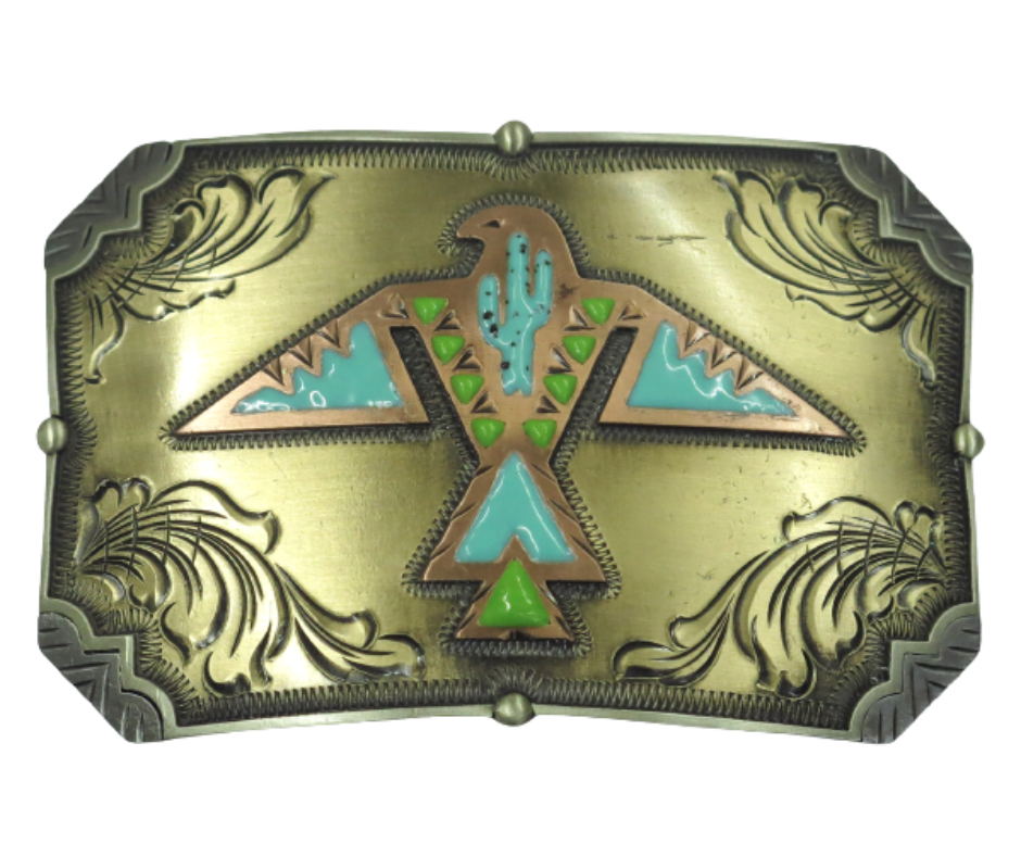 The Thunderbird Rising buckle is handmade from German Silver (nickel and brass alloy) or iron metal base. Our products are all handcrafted. In order to give you the quality and long lasting final product we also plate each piece with copper, nickel and silver. Available at our Smyrna, TN shop just outside of Nashville. Made in Mexico by talented metal workers.

Approx. Width 4” Height 3”/ Standard Swivel fits 1.5” belts