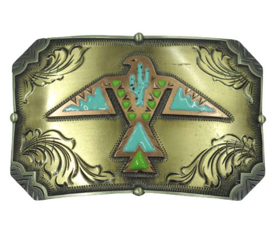 The Thunderbird Rising buckle is handmade from German Silver (nickel and brass alloy) or iron metal base. Our products are all handcrafted. In order to give you the quality and long lasting final product we also plate each piece with copper, nickel and silver. Available at our Smyrna, TN shop just outside of Nashville. Made in Mexico by talented metal workers.

Approx. Width 4” Height 3”/ Standard Swivel fits 1.5” belts