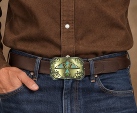 The Thunderbird Rising buckle is handmade from German Silver (nickel and brass alloy) or iron metal base. Our products are all handcrafted. In order to give you the quality and long lasting final product we also plate each piece with copper, nickel and silver. Available at our Smyrna, TN shop just outside of Nashville. Made in Mexico by talented metal workers.

Approx. Width 4” Height 3”/ Standard Swivel fits 1.5” belts