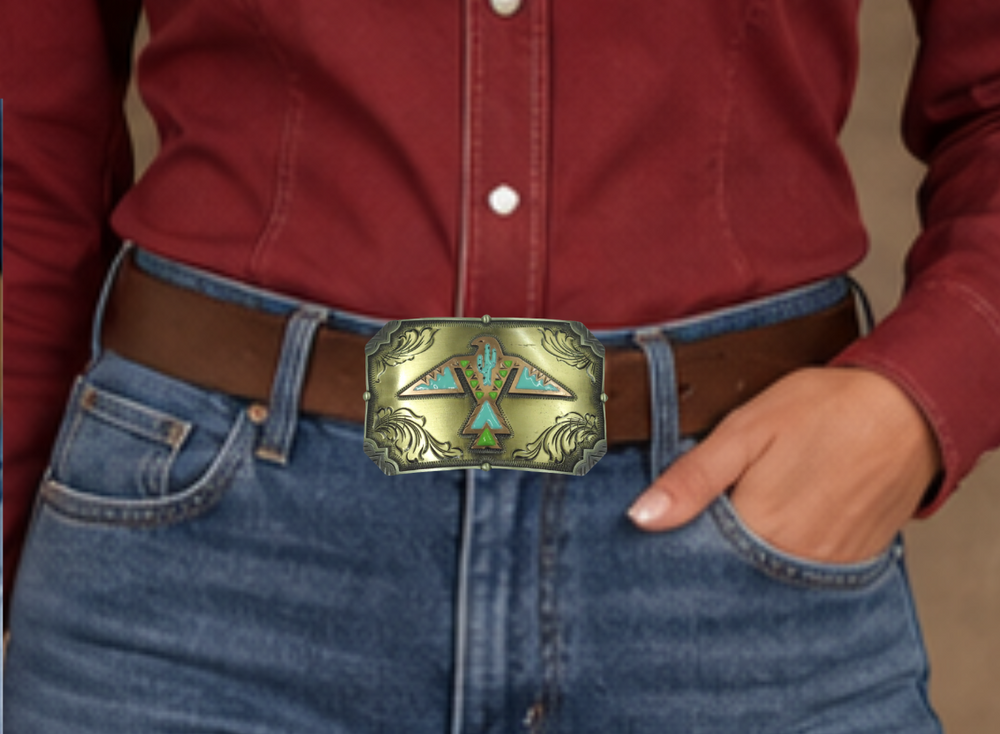 The Thunderbird Rising buckle is handmade from German Silver (nickel and brass alloy) or iron metal base. Our products are all handcrafted. In order to give you the quality and long lasting final product we also plate each piece with copper, nickel and silver. Available at our Smyrna, TN shop just outside of Nashville. Made in Mexico by talented metal workers.

Approx. Width 4” Height 3”/ Standard Swivel fits 1.5” belts