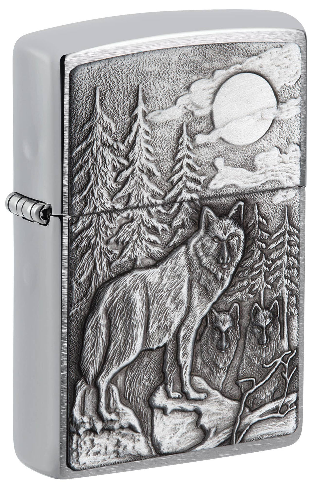 This Brushed Chrome windproof lighter has an emblem attached displaying a timber wolves in the wilderness. All metal construction; windproof design works virtually anywhere. Refillable for a lifetime of use. Comes packaged in a gift box. Available in our Smyrna, TN shop.

Made in USA
Fuel: Zippo lighter fuel (sold separately)
Lighter Specs: Height: 2.25" Width: 0.5" Depth: 1.5" Weight: 2.0 oz
Lifetime guarantee that "it works or we fix it free™" Zippo contact info on gift box.