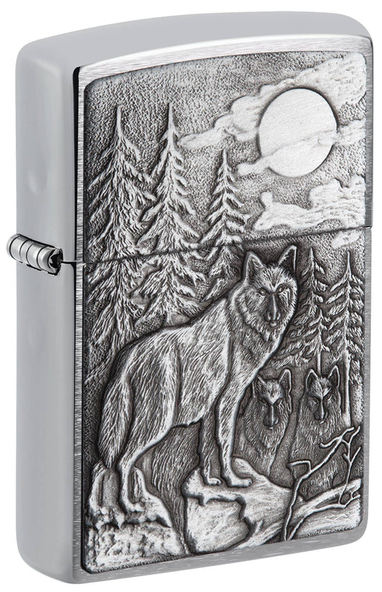 This Brushed Chrome windproof lighter has an emblem attached displaying a timber wolves in the wilderness. All metal construction; windproof design works virtually anywhere. Refillable for a lifetime of use. Comes packaged in a gift box. Available in our Smyrna, TN shop.

Made in USA
Fuel: Zippo lighter fuel (sold separately)
Lighter Specs: Height: 2.25" Width: 0.5" Depth: 1.5" Weight: 2.0 oz
Lifetime guarantee that "it works or we fix it free™" Zippo contact info on gift box.