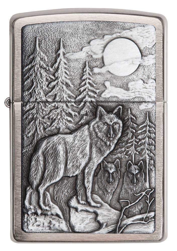 This Brushed Chrome windproof lighter has an emblem attached displaying a timber wolves in the wilderness. All metal construction; windproof design works virtually anywhere. Refillable for a lifetime of use. Comes packaged in a gift box. Available in our Smyrna, TN shop.

Made in USA
Fuel: Zippo lighter fuel (sold separately)
Lighter Specs: Height: 2.25" Width: 0.5" Depth: 1.5" Weight: 2.0 oz
Lifetime guarantee that "it works or we fix it free™" Zippo contact info on gift box.