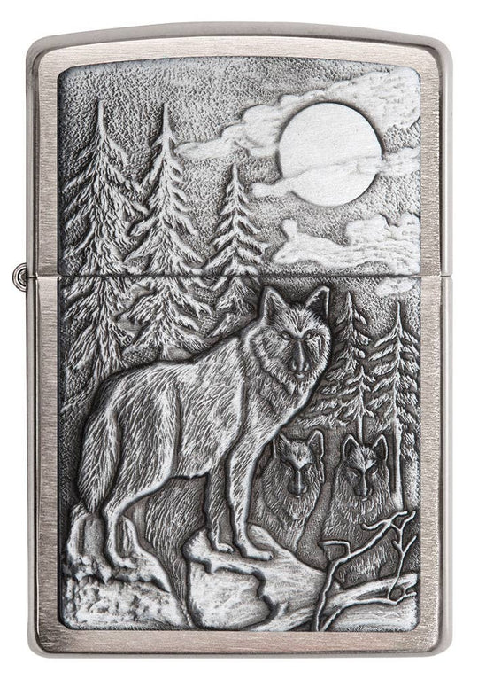 This Brushed Chrome windproof lighter has an emblem attached displaying a timber wolves in the wilderness. All metal construction; windproof design works virtually anywhere. Refillable for a lifetime of use. Comes packaged in a gift box. Available in our Smyrna, TN shop.

Made in USA
Fuel: Zippo lighter fuel (sold separately)
Lighter Specs: Height: 2.25" Width: 0.5" Depth: 1.5" Weight: 2.0 oz
Lifetime guarantee that "it works or we fix it free™" Zippo contact info on gift box.