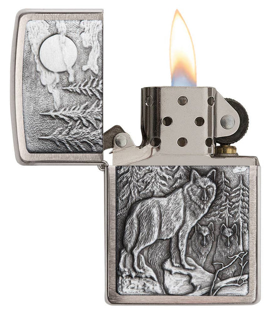 This Brushed Chrome windproof lighter has an emblem attached displaying a timber wolves in the wilderness. All metal construction; windproof design works virtually anywhere. Refillable for a lifetime of use. Comes packaged in a gift box. Available in our Smyrna, TN shop.

Made in USA
Fuel: Zippo lighter fuel (sold separately)
Lighter Specs: Height: 2.25" Width: 0.5" Depth: 1.5" Weight: 2.0 oz
Lifetime guarantee that "it works or we fix it free™" Zippo contact info on gift box.