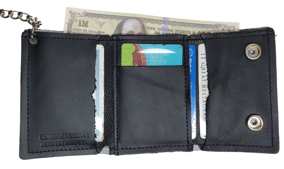 Spade card hand pattern Leather Patch all leather Tri-fold Chain Wallet. 1 Cash Slot for all your important stash, 3 card slots and 1 underneath the middle slot. It&