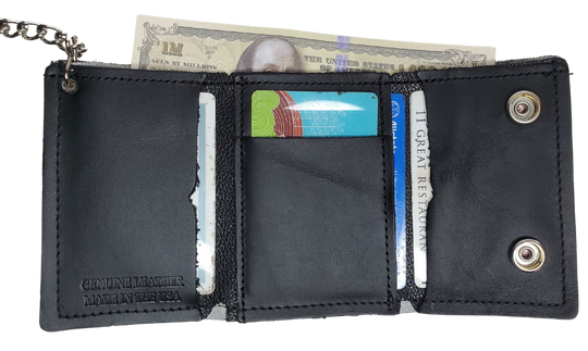 Spade card hand pattern Leather Patch all leather Tri-fold Chain Wallet. 1 Cash Slot for all your important stash, 3 card slots and 1 underneath the middle slot. It&
