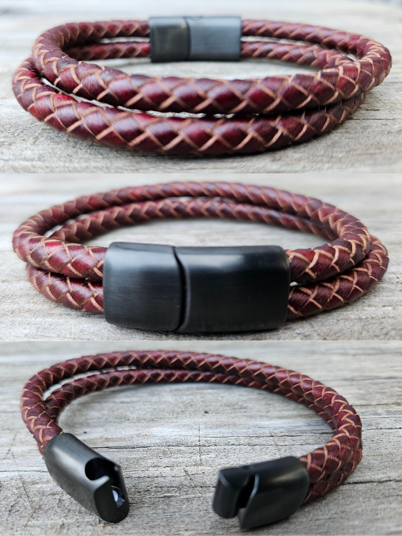 Up your cool game with these braided leather bracelets. The magnetic clasps holds it in place on your wrist. Each Leather cord is approx. 3/16" in diameter and available in Black or Brown. Approx. 8" length

