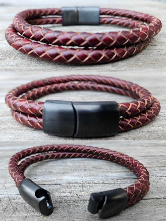 Up your cool game with these braided leather bracelets. The magnetic clasps holds it in place on your wrist. Each Leather cord is approx. 3/16" in diameter and available in Black or Brown. Approx. 8" length

