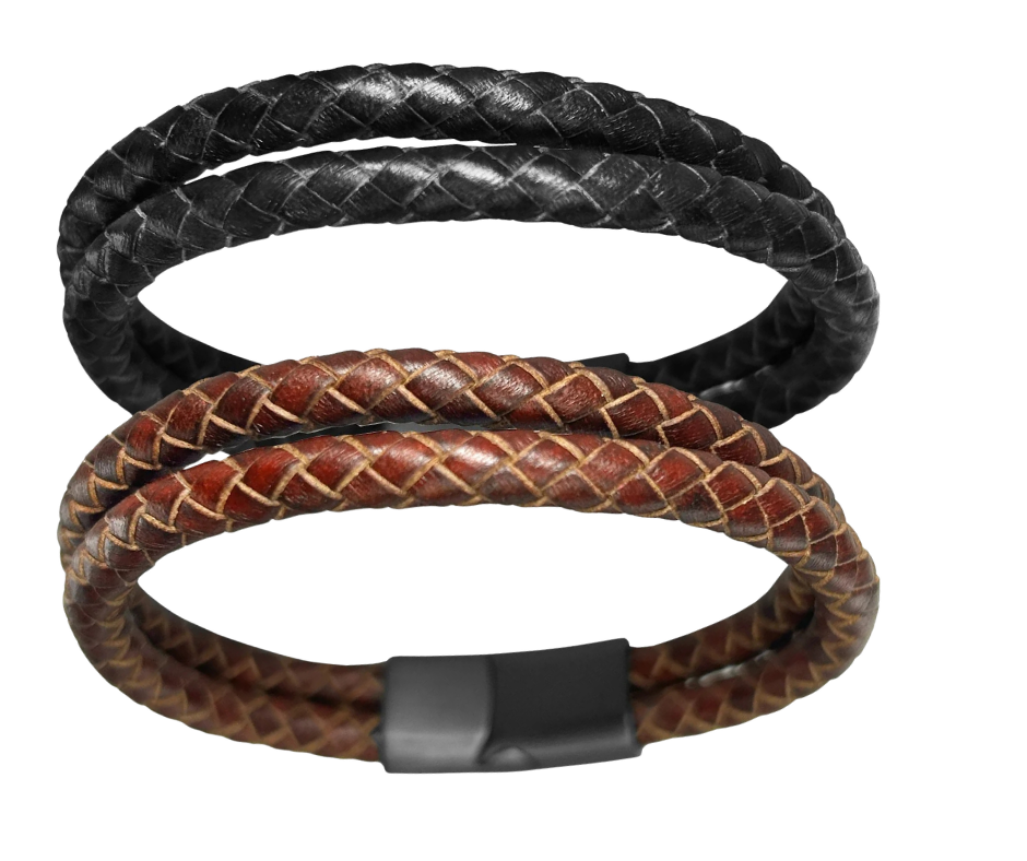 Up your cool game with these braided leather bracelets. The magnetic clasps holds it in place on your wrist. Each Leather cord is approx. 3/16" in diameter and available in Black or Brown. Approx. 8" length
