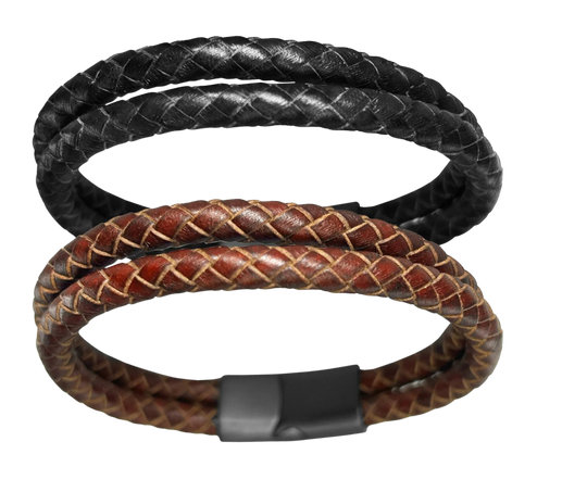 Up your cool game with these braided leather bracelets. The magnetic clasps holds it in place on your wrist. Each Leather cord is approx. 3/16" in diameter and available in Black or Brown. Approx. 8" length

