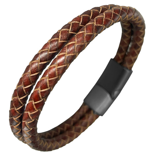 Up your cool game with these braided leather bracelets. The magnetic clasps holds it in place on your wrist. Each Leather cord is approx. 3/16" in diameter and available in Black or Brown. Approx. 8" length