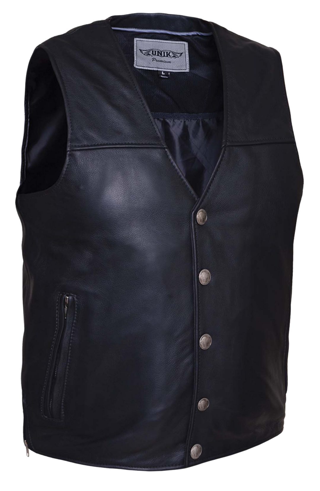 One of the few Solid Side leather vest with a Straight Bottom we stock. The Shiloh is made from soft cowhide and has a V-neck and front Buffalo Nickel design snap closure. It has a solid back and inside concealed carry pockets on the inside front of each side. Available for purchase in our shop in Smyrna, TN outside of Nashville. Available in sizes small to 5x. Classic style whether you ride in ride a Harley or not.