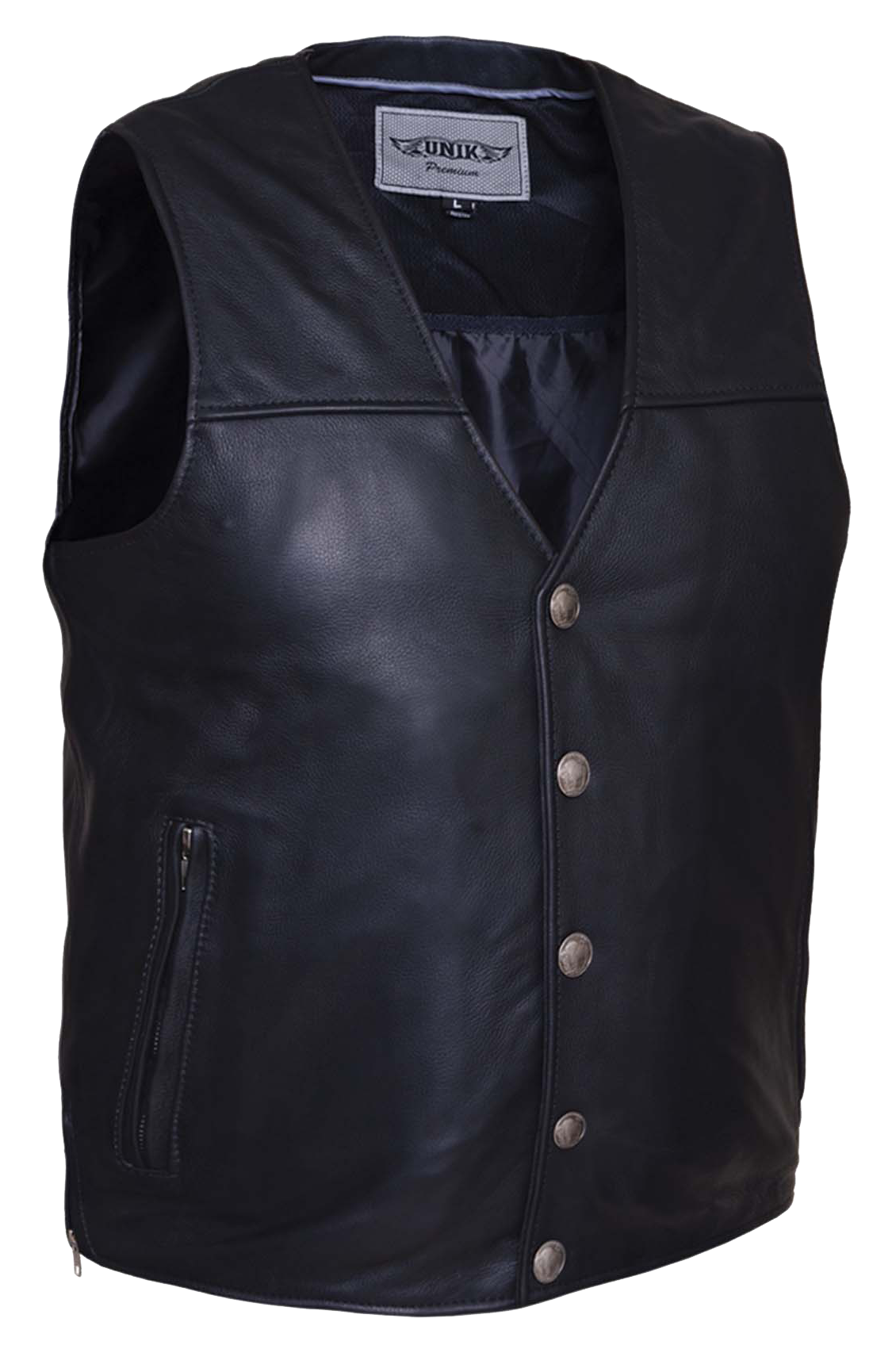 One of the few Solid Side leather vest with a Straight Bottom we stock. The Shiloh is made from soft cowhide and has a V-neck and front Buffalo Nickel design snap closure. It has a solid back and inside concealed carry pockets on the inside front of each side. Available for purchase in our shop in Smyrna, TN outside of Nashville. Available in sizes small to 5x. Classic style whether you ride in ride a Harley or not.