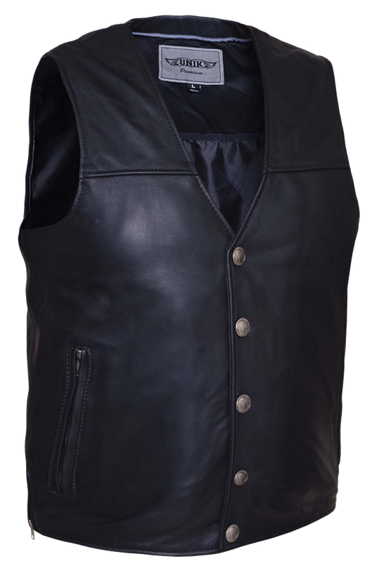 One of the few Solid Side leather vest with a Straight Bottom we stock. The Shiloh is made from soft cowhide and has a V-neck and front Buffalo Nickel design snap closure. It has a solid back and inside concealed carry pockets on the inside front of each side. Available for purchase in our shop in Smyrna, TN outside of Nashville. Available in sizes small to 5x. Classic style whether you ride in ride a Harley or not.