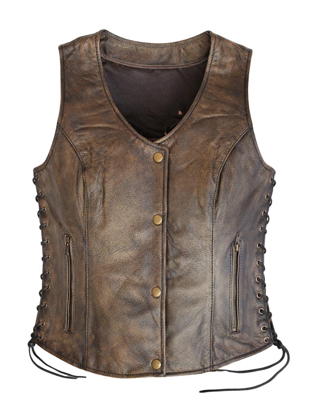 Classic V-neck style ladies brown leather side laced motorcycle riding vest featuring a SNAP/ZIP front. Made from lighter weight Lambskin and is Available for purchase in our leather shop in Smyrna, TN, near Nashville. Available in sizes S to 5X.

Includes Carry conceal pockets on Right and Left sides
Side lace for size adjustment
3 panel back