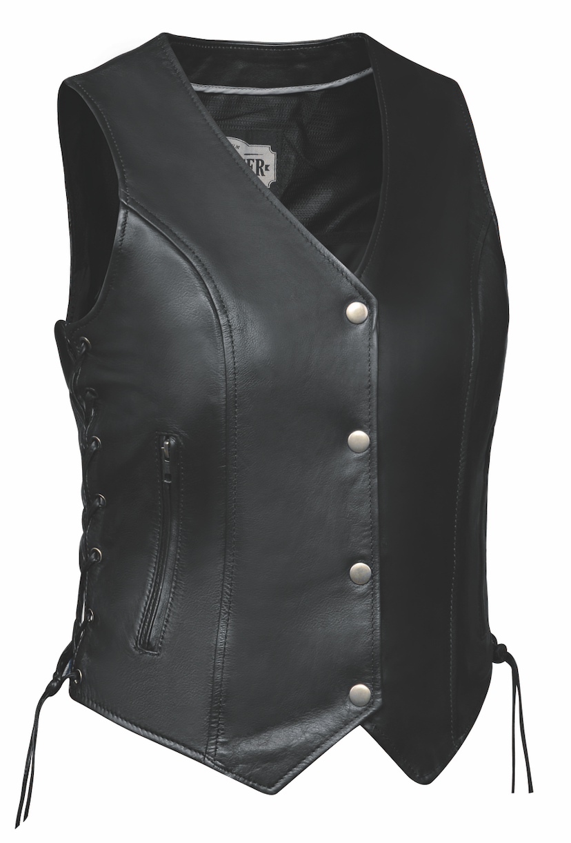 Lightweight Black leather ladies side laced motorcycle riding vest. Made from lighter weight Cowhide and contains conceal carry pockets on front insides. It has a 3 panel pack and snap front closure. It has a N-neck opening and a V-slot on the lower back for a better fit. Available for purchase in our leather shop in Smyrna, TN, near Nashville. Available in sizes XS to 5X.

Includes Carry conceal pockets on Right and Left sides
Side lace for size adjustment
3 panel back