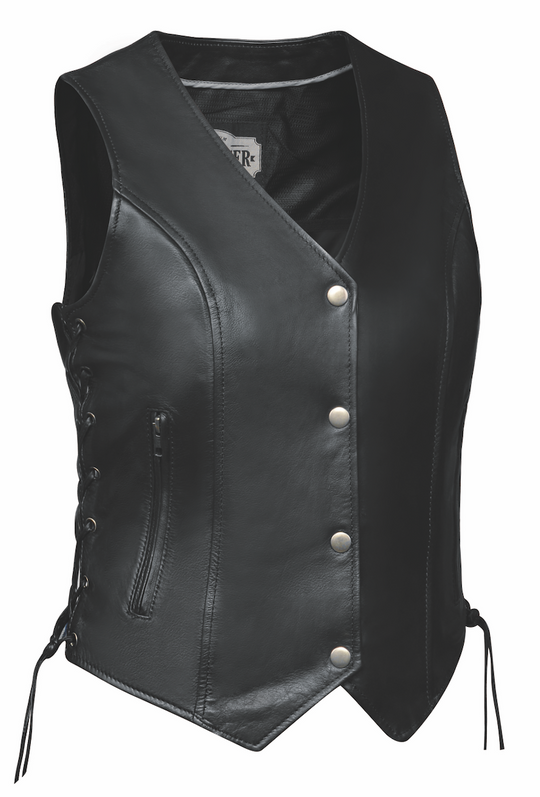 Lightweight Black leather ladies side laced motorcycle riding vest. Made from lighter weight Cowhide and contains conceal carry pockets on front insides. It has a 3 panel pack and snap front closure. It has a N-neck opening and a V-slot on the lower back for a better fit. Available for purchase in our leather shop in Smyrna, TN, near Nashville. Available in sizes XS to 5X.

Includes Carry conceal pockets on Right and Left sides
Side lace for size adjustment
3 panel back