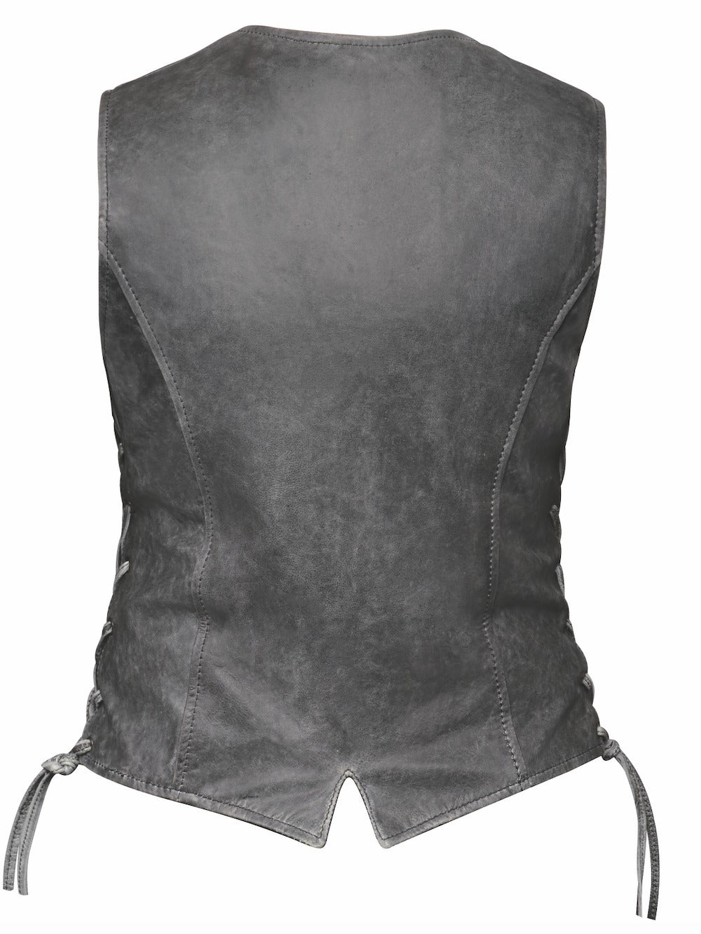Distressed Grey ladies leather side laced motorcycle riding vest. Made from lighter weight Lambskin and contains conceal carry pockets on front insides. It has a 3 panel pack and snap front closure. It has a V-neck opening and a V-slot on the lower back for a better fit. Available for purchase in our leather shop in Smyrna, TN, near Nashville. Available in sizes small to 5x.