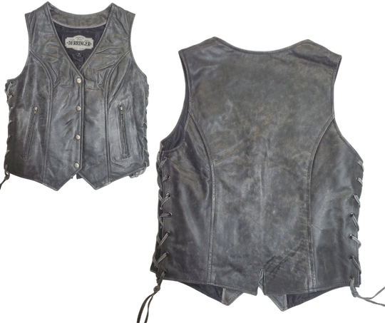 Distressed Grey ladies leather side laced motorcycle riding vest. Made from lighter weight Lambskin and contains conceal carry pockets on front insides. It has a 3 panel pack and snap front closure. It has a V-neck opening and a V-slot on the lower back for a better fit. Available for purchase in our leather shop in Smyrna, TN, near Nashville. Available in sizes small to 5x.