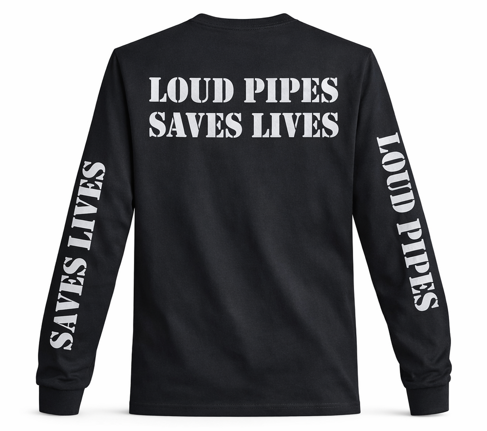 Make a statement with the REFLECTIVE design on our Loud Pipes Saves Lives long sleeve shirt. Crafted from soft, lightweight cotton & polyester blend, it features bold "Loud Pipes Save Lives" graphics on the back, LOUD PIPES down right sleeve, SAVE LIVES down the left sleeve. Now stocked in our Smyrna, TN shop, just a short ride from Bumpus HD in Murfreesboro. Sizes S-4X.
