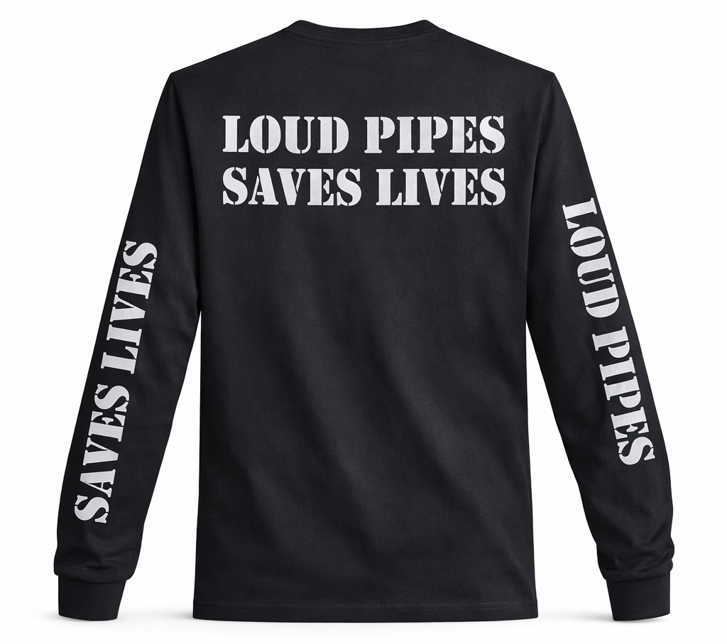 Make a statement with the REFLECTIVE design on our Loud Pipes Saves Lives long sleeve shirt. Crafted from soft, lightweight cotton &amp; polyester blend, it features bold "Loud Pipes Save Lives" graphics on the back, LOUD PIPES down right sleeve, SAVE LIVES down the left sleeve. Now stocked in our Smyrna, TN shop, just a short ride from Bumpus HD in Murfreesboro. Sizes S-4X.
