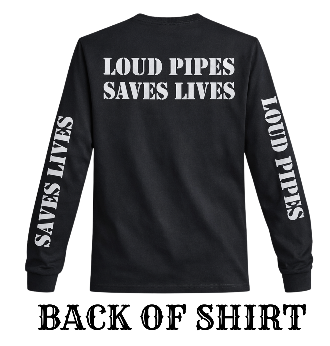 Make a statement with the REFLECTIVE design on our Loud Pipes Saves Lives long sleeve shirt. Crafted from soft, lightweight cotton &amp; polyester blend, it features bold "Loud Pipes Save Lives" graphics on the back, LOUD PIPES down right sleeve, SAVE LIVES down the left sleeve. Now stocked in our Smyrna, TN shop, just a short ride from Bumpus HD in Murfreesboro. Sizes S-4X.