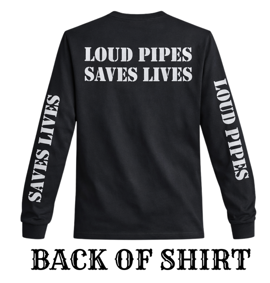 Make a statement with the REFLECTIVE design on our Loud Pipes Saves Lives long sleeve shirt. Crafted from soft, lightweight cotton &amp; polyester blend, it features bold "Loud Pipes Save Lives" graphics on the back, LOUD PIPES down right sleeve, SAVE LIVES down the left sleeve. Now stocked in our Smyrna, TN shop, just a short ride from Bumpus HD in Murfreesboro. Sizes S-4X.