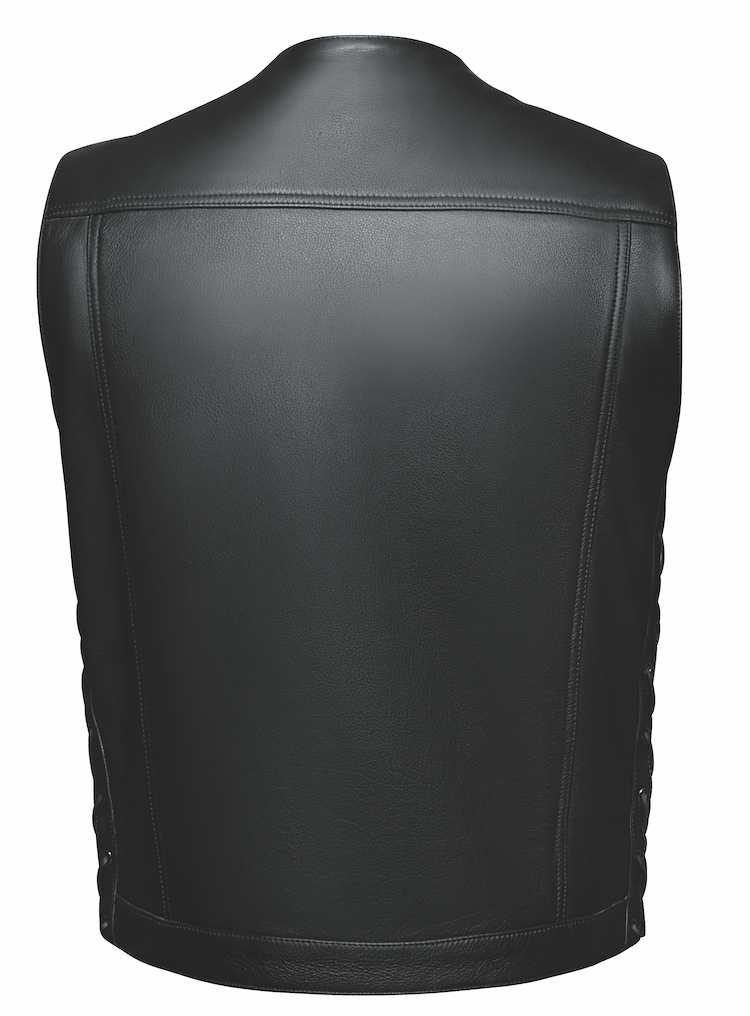 This versatile vest combines the best of Club Style and V-neck designs. Made from durable cowhide, it features side lacing and a convenient snap front closure. Inside, you&