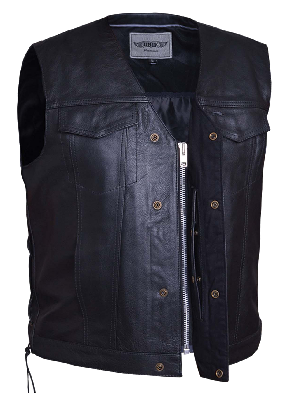 This versatile vest combines the best of Club Style and V-neck designs. Made from durable cowhide, it features side lacing and a convenient snap front closure. Inside, you'll find conceal carry pockets and a 3 panel pack. Stop by our leather shop in Smyrna, TN, near Nashville, to purchase yours in sizes small to 5x.