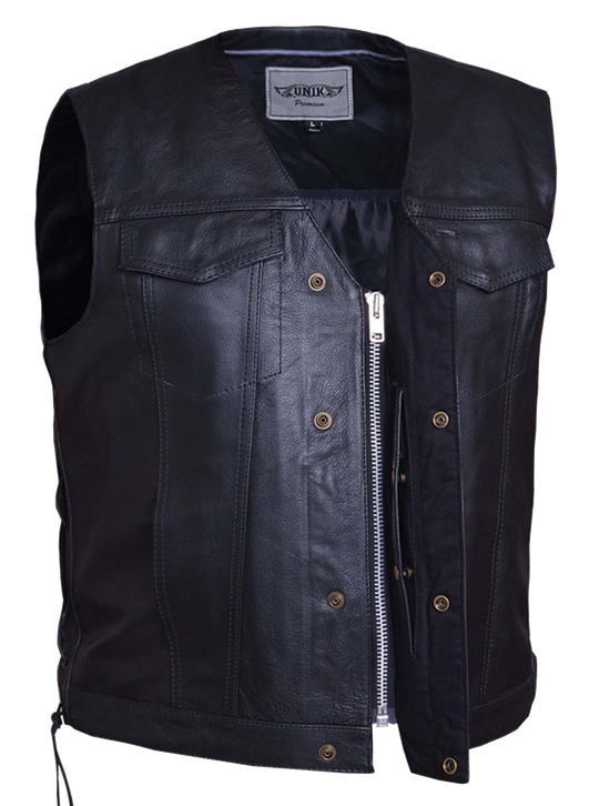 This versatile vest combines the best of Club Style and V-neck designs. Made from durable cowhide, it features side lacing and a convenient snap front closure. Inside, you&