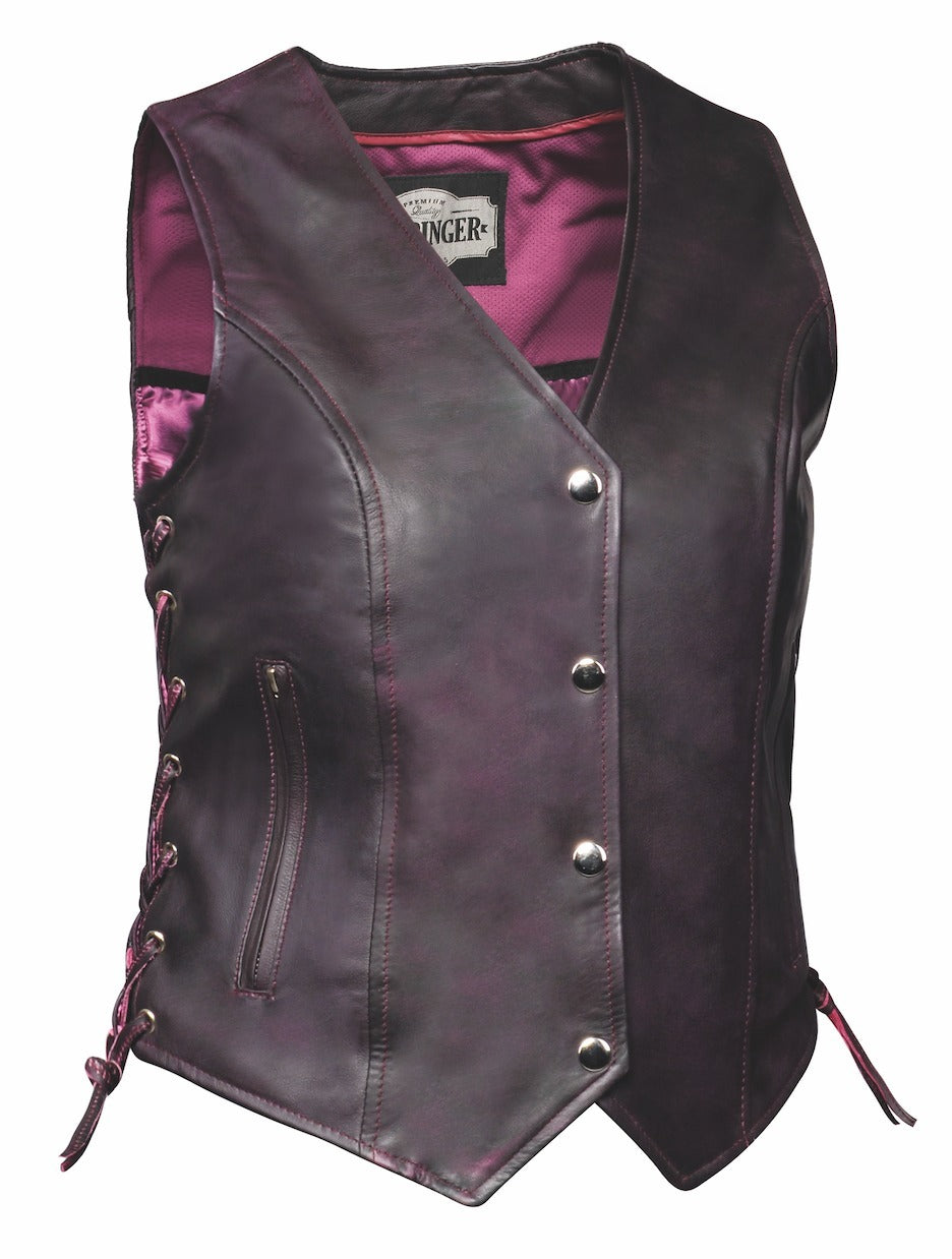 This ladies' vest features a soft purple color, V-neck design, and lace detailing on the sides for a casual and comfortable look. Made from lightweight Lambskin. The 3 panel pack and snap front closure add to the practicality of this vest. Not to mention, the V-notch on the lower back ensures a perfect fit. Visit our leather shop in Smyrna, TN, near Nashville, and choose from sizes small to 5x.