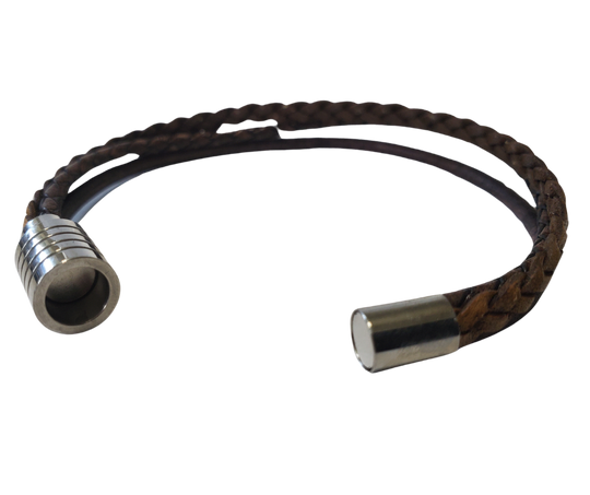 This 3 color braided leather bracelet features Three Strands of Fine Imported Quality Leather Cord. This unique cord is made by braiding 8 individual strands of leather. A secure stainless steel magnetic closure clasp serves as a magnificent visual center piece. Available at Buckle and Hide leather in Smyrna, TN.