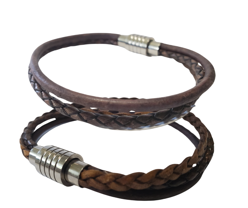 This 3 color braided leather bracelet features Three Strands of Fine Imported Quality Leather Cord. This unique cord is made by braiding 8 individual strands of leather. A secure stainless steel magnetic closure clasp serves as a magnificent visual center piece. Available at Buckle and Hide leather in Smyrna, TN.