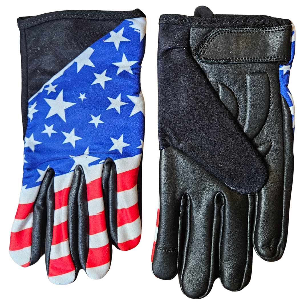 USA RWB Flag gloves are a new take on riding gloves. The soft leather palms combined the printed soft cotton tops create a comfortable fit that will become your favorites. Now stocked at our Smyrna, TN shop.

Sizes S-5X