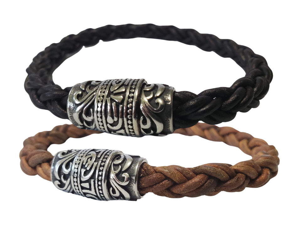 This features Thick 8mm Premium Quality Braided Leather Cord. This unique cord is made by braiding 8 individual strands of leather. Filigreed stainless steel magnetic clasp serves as a magnificent visual center piece. Available at Buckle and Hide leather in Smyrna, TN.