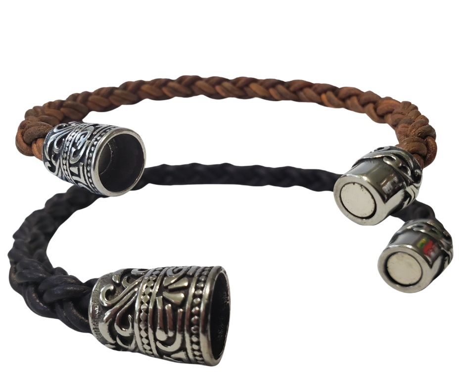 This features Thick 8mm Premium Quality Braided Leather Cord. This unique cord is made by braiding 8 individual strands of leather. Filigreed stainless steel magnetic clasp serves as a magnificent visual center piece. Available at Buckle and Hide leather in Smyrna, TN.